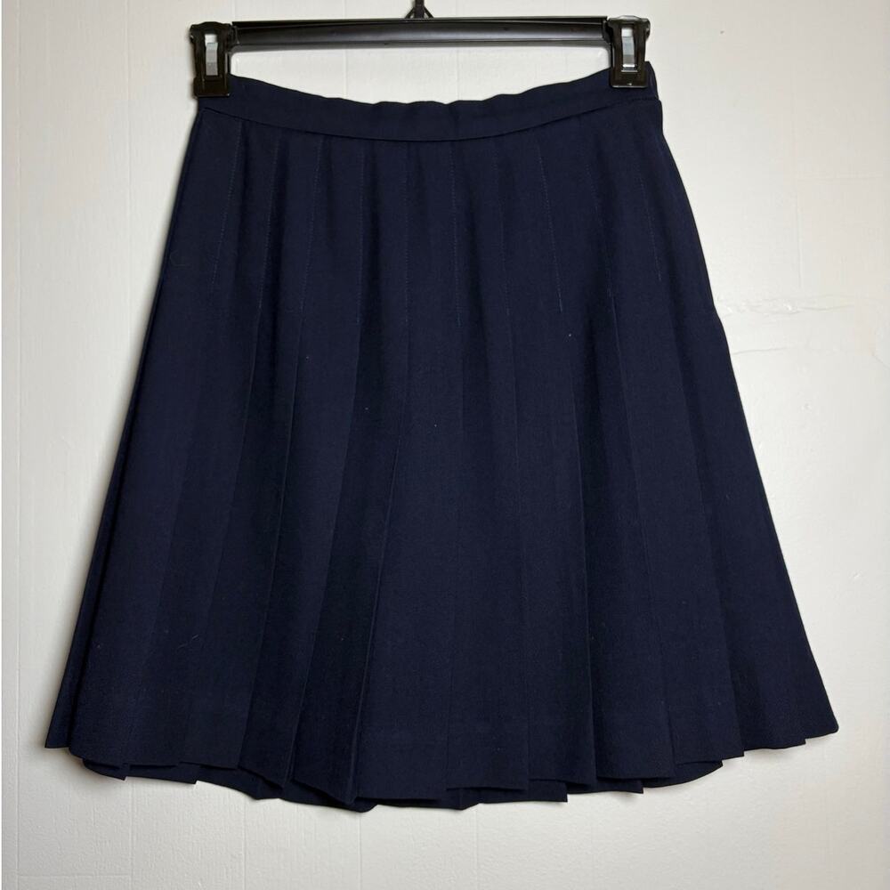 Talbots Petites 6 Navy Blue Side Button Elastic Side 100% Wool Pleated Skirt